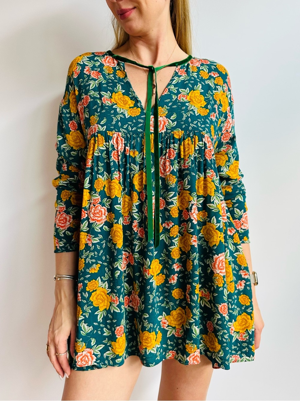 Zara Trafaluc Collection Floral Babydoll Tie Neck Boho Long Sleeve Romper Dress